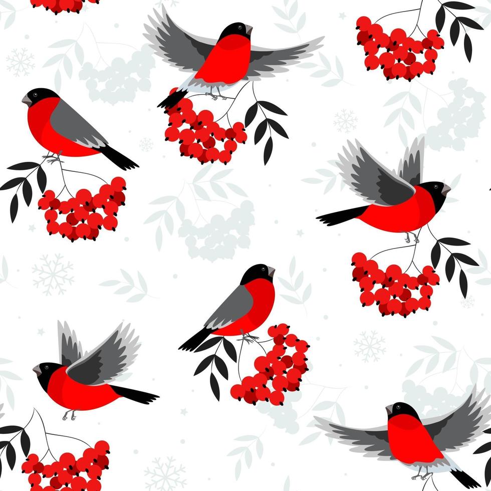 Christmas seamless pattern with rowan berry and bird on blue background. Vector background for fabric, wrapping paper and greeting card