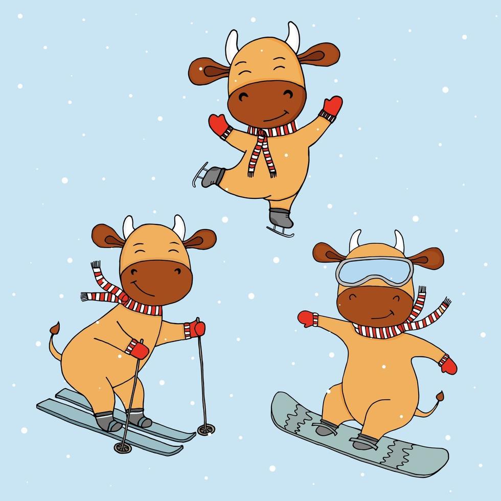 Funny new year's cows in winter sports. Winter activities. Animals and sports. Idea for postcard for New Year's holidays with the symbol of the year. vector