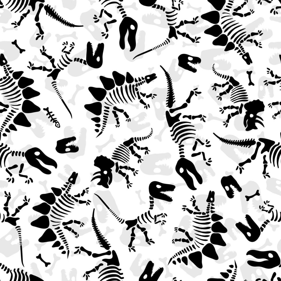 Dinosaur skeleton and fossils. Vector seamless pattern. Original design with dinosaur bones and traces. Print for T-shirts, textiles, web.