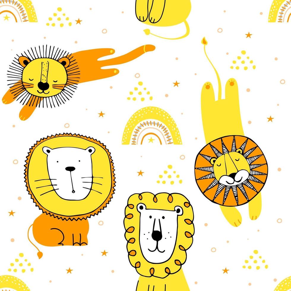 leones divertidos sin fisuras dibujo con puntos y estrellas. impresión para el diseño gráfico textil de la camiseta. colección linda ilustración de leones para niños. vector