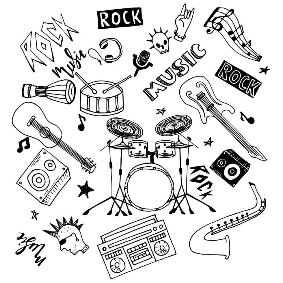 conjunto de tema de música rock y pop dibujado a mano aislado sobre fondo blanco, conjunto de doodle de tema de instrumentos musicales. vector