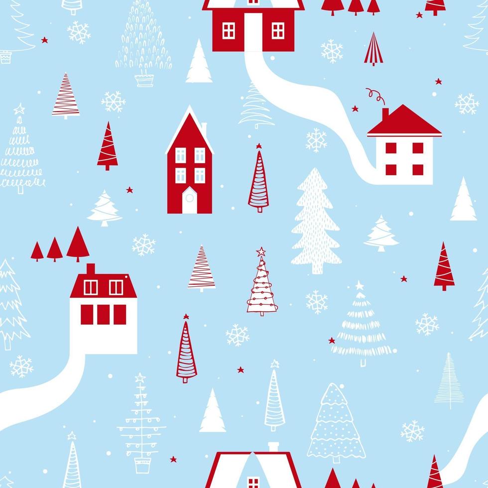 Funny seamless vector pattern with houses, snowflakes and Christmas tree. Can be used  for fabric, phone case and wrapping paper.