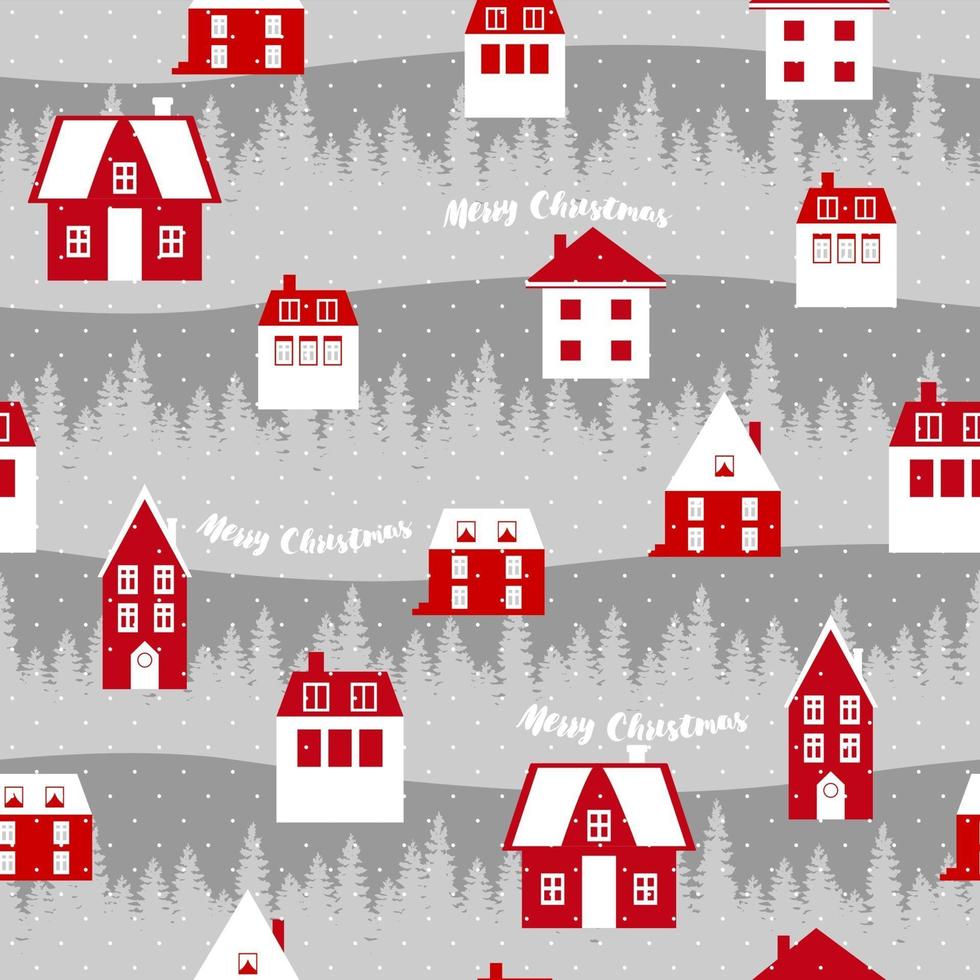 lindo patrón de navidad, casas rojas escandinavas. ilustración vectorial para cubierta, tarjeta, textil y diseño de interiores, papel de regalo para año nuevo. vector