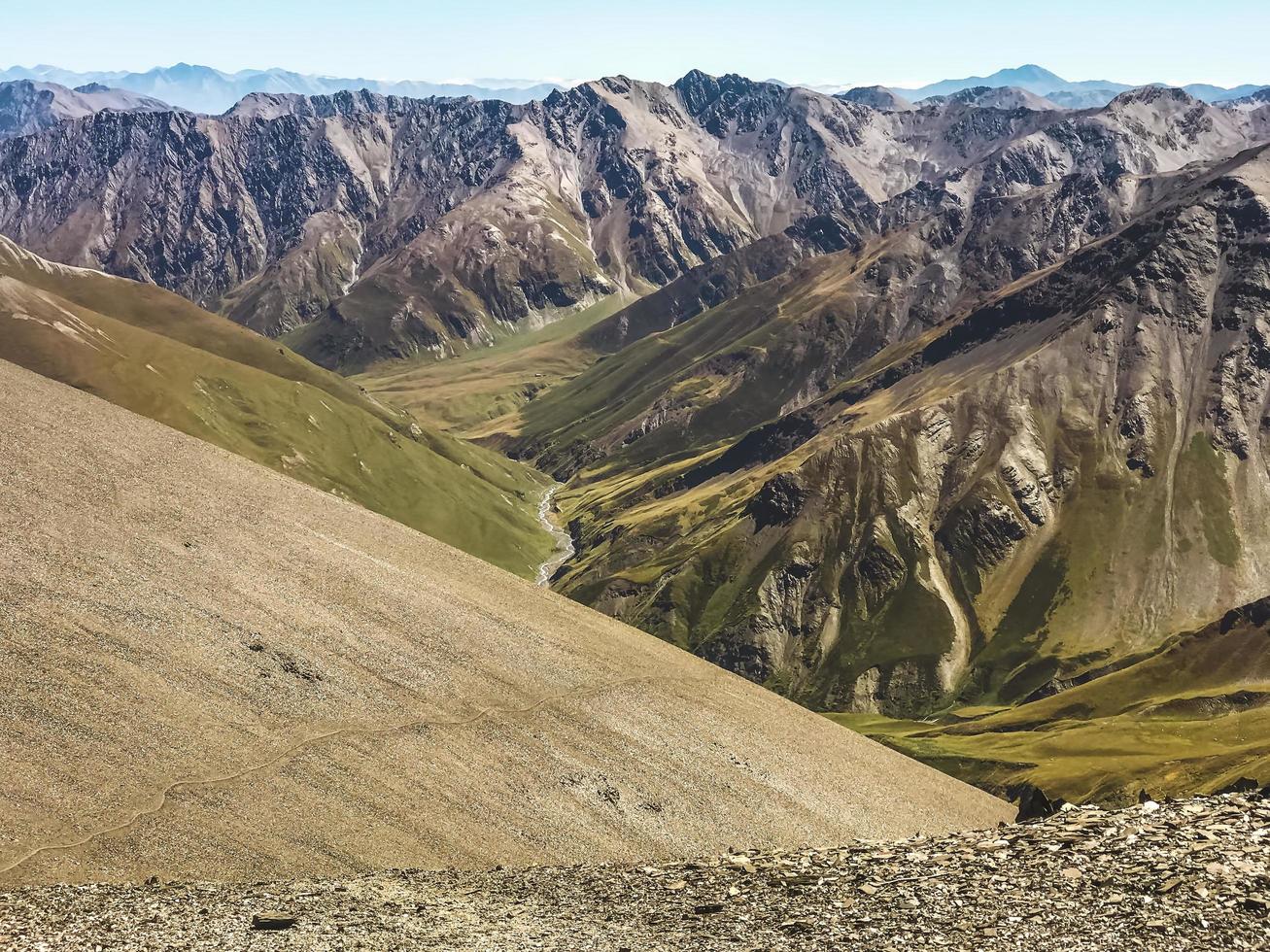Tranquil Atsunta pass panorama with Tusheti highlands photo