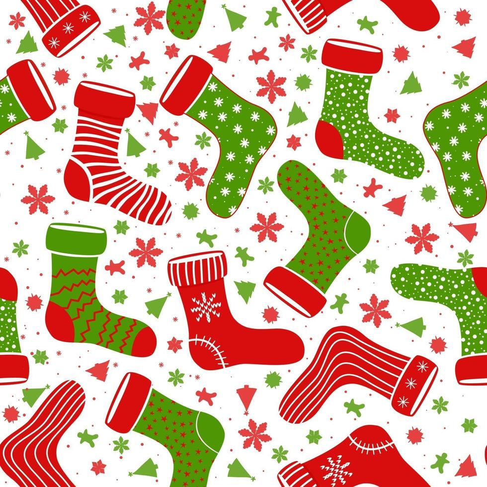 Seamless vector pattern with different Christmas socks. Hand drawn pattern for winter holidays. Seamless pattern for cards, wrapping papers, posters and fabric.