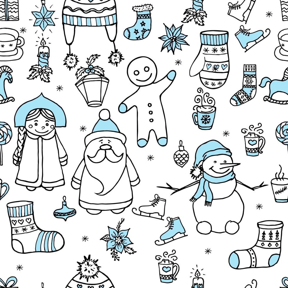 Doodle Christmas cute drawings seamless pattern. White and blue colour. Vector illustration for cover, card, textile and interior design, wrapping paper for New Year.