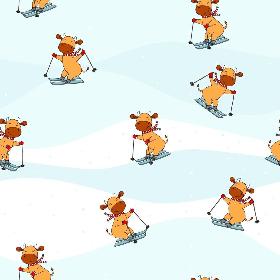 Funny cow on ski. Vector illustration of winter cow. Happy New year greeting card and poster.