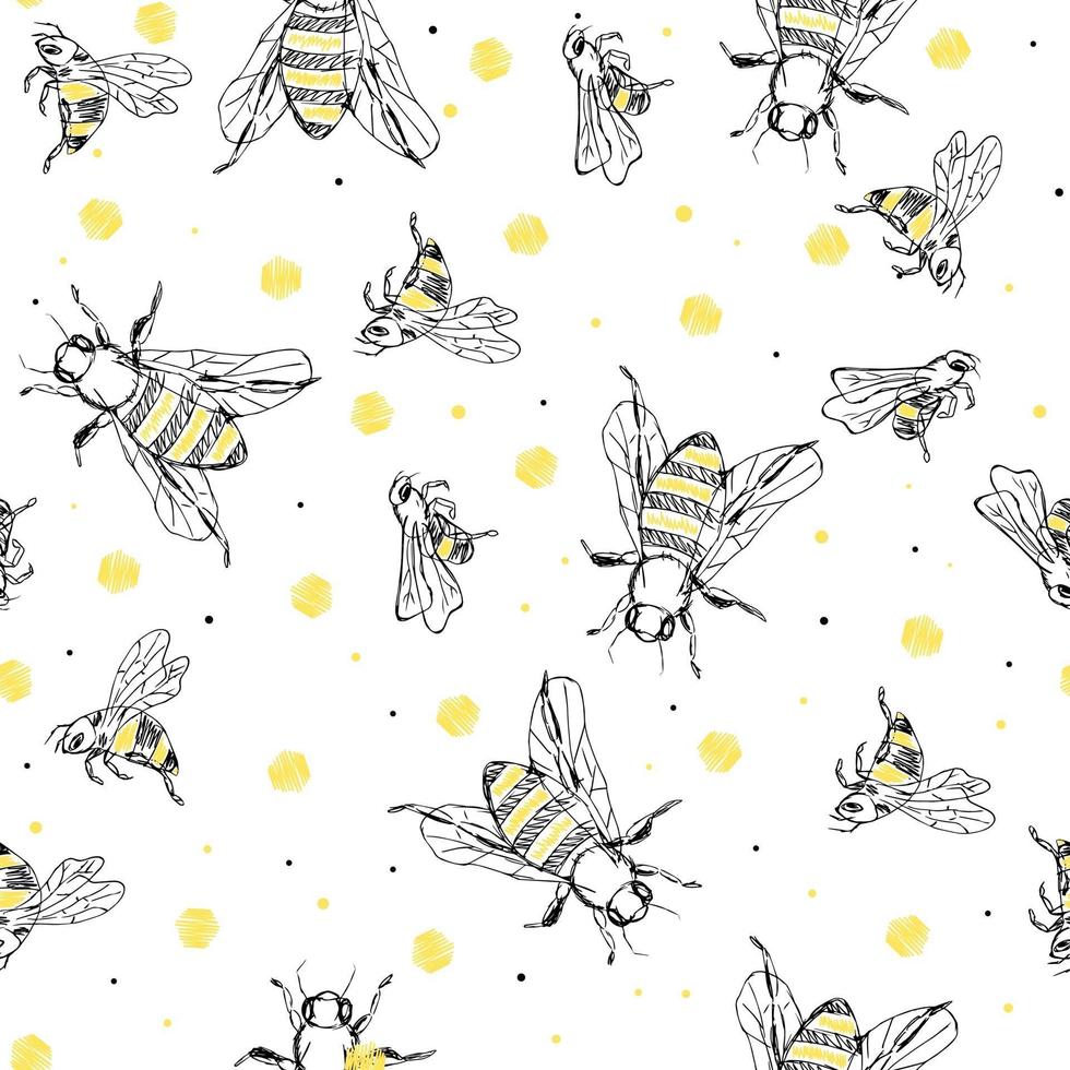 bosquejo abeja de patrones sin fisuras. fondo negro y amarillo con insectos. diseño dibujado a mano para envolver, textil o paquete de miel. vector