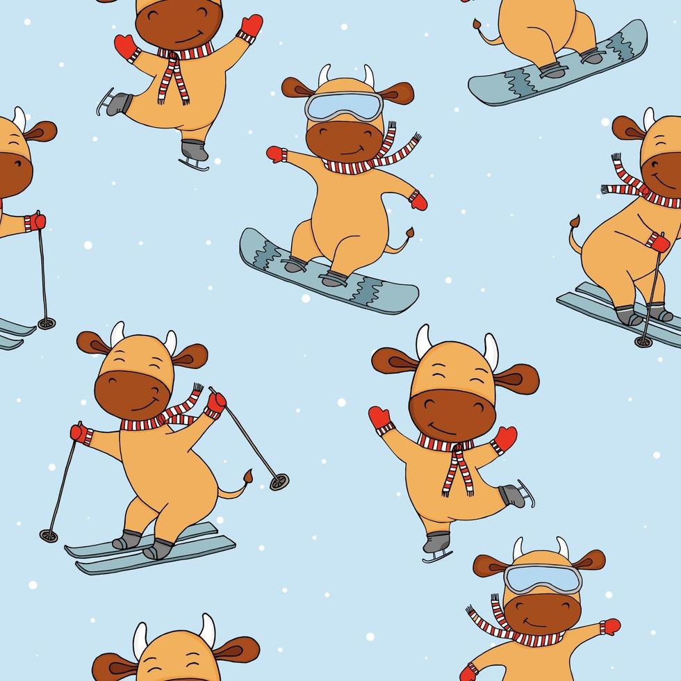 Funny new year's cows in winter sports. Winter activities. Animals and sports. Idea for postcard for New Year's holidays with the symbol of the year. vector