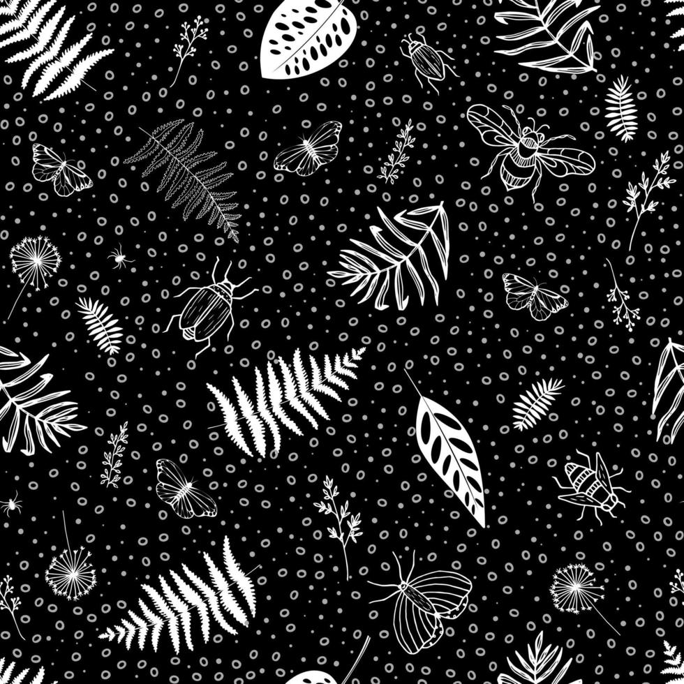 Seamless pattern with dragonflys, spiders, butterflys and different leaves. Fern botanical background. Ideal for branding,package, fabric and textile, wrapping paper. vector