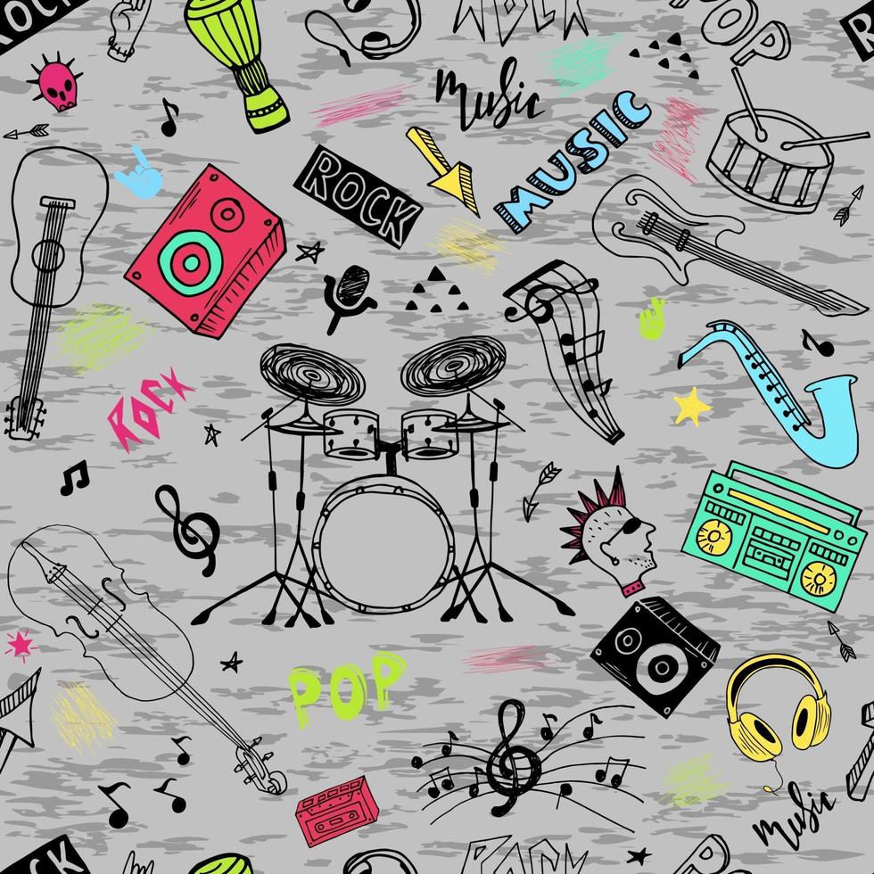 conjunto de tema de música rock y pop dibujado a mano aislado sobre fondo blanco, conjunto de doodle de tema de instrumentos musicales. vector