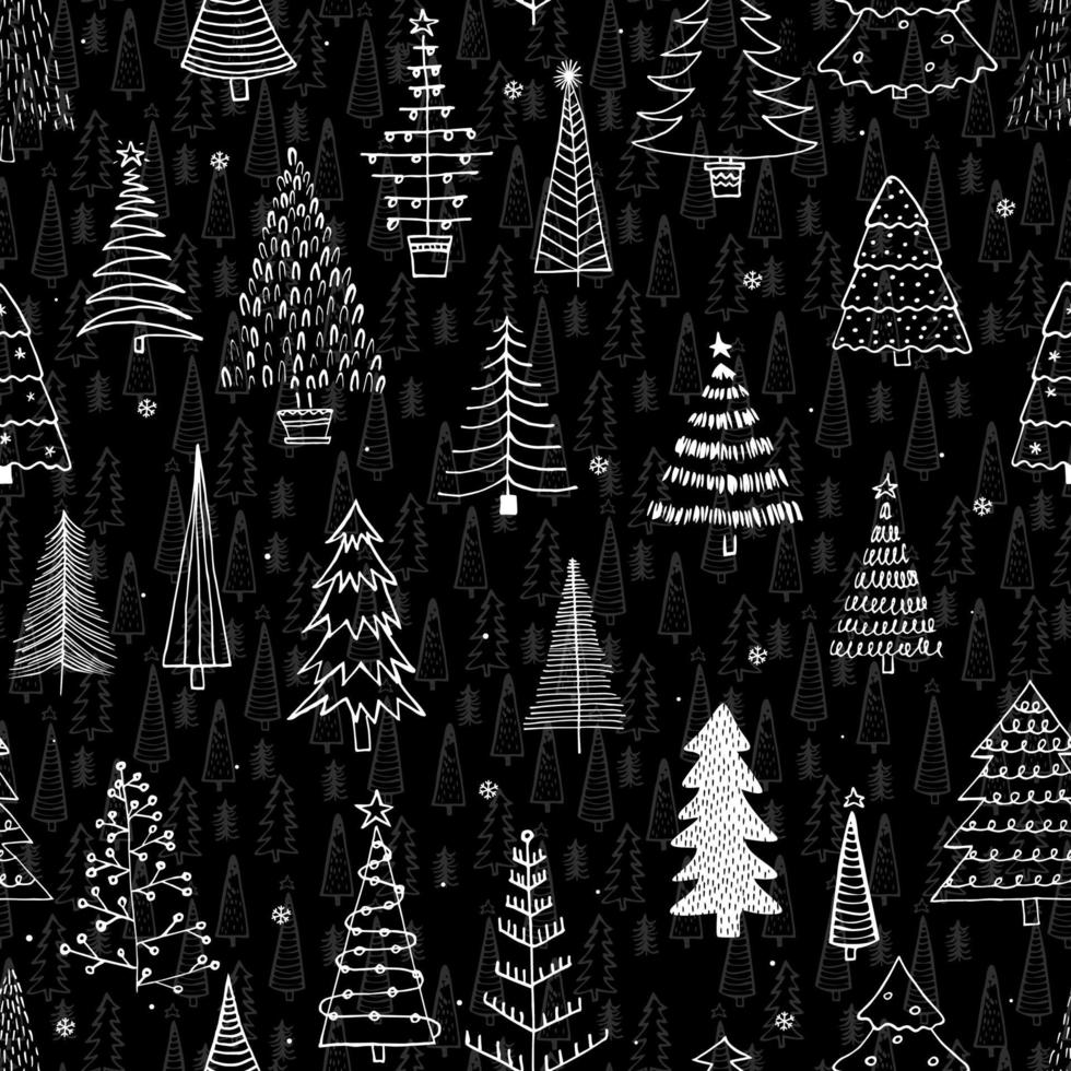 Seamless pattern with different Christmas trees. Black liner rough hand drawing. New Year fir-trees decoration doodle sketch. Can be used  for fabric, phone case and wrapping paper. vector
