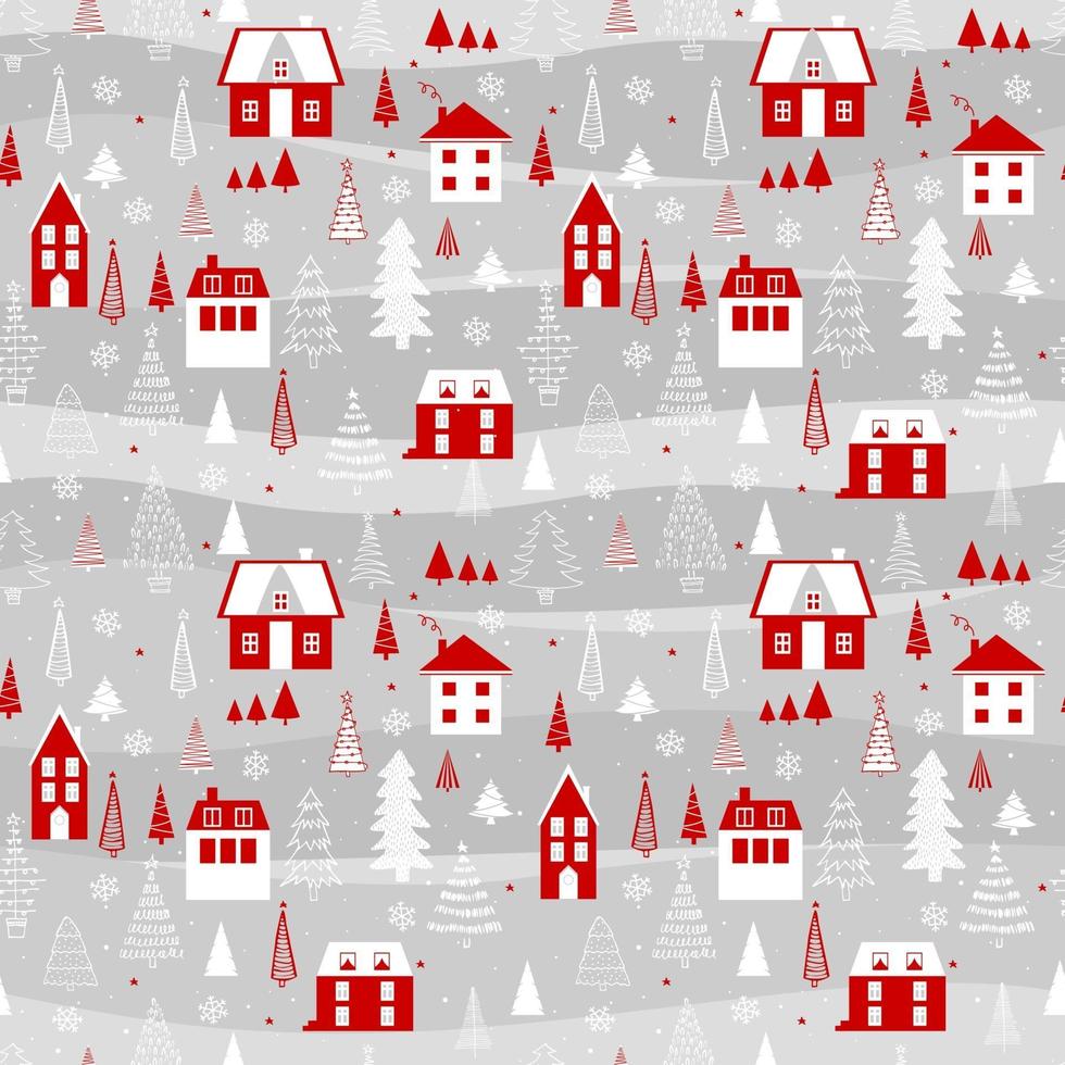 patrón de vector transparente divertido con casas, copos de nieve y árbol de Navidad. vector de fondo para tela, papel de regalo y tarjeta de felicitación.