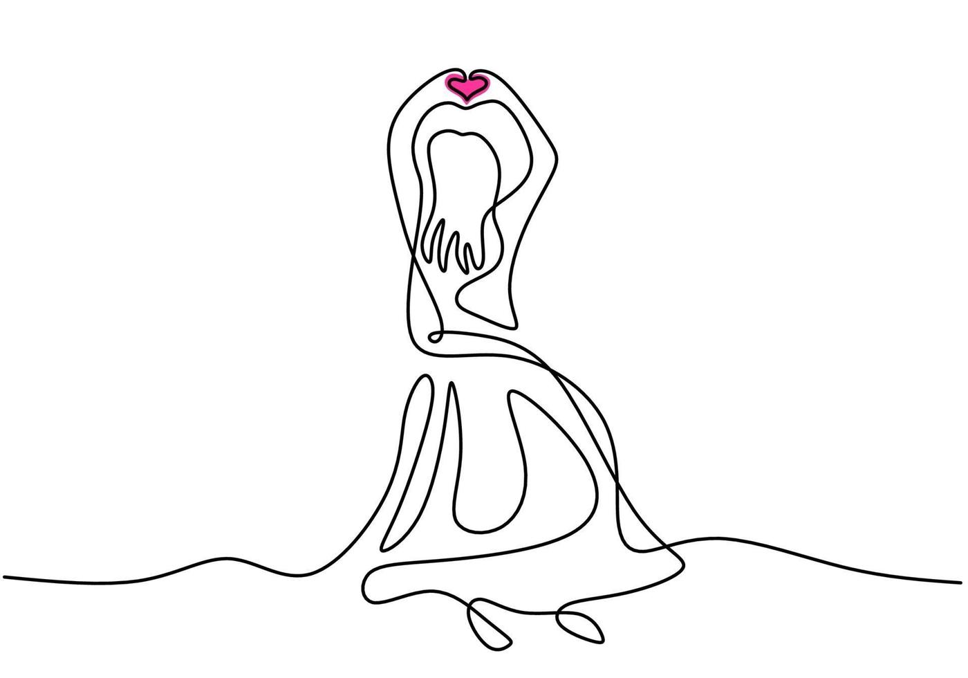 Continuous line drawing of woman with long dress. Beautiful female wearing elegant gown put her hands together and show heart sign. Happy Woman's Day. Feminine fashion concept. Vector illustration