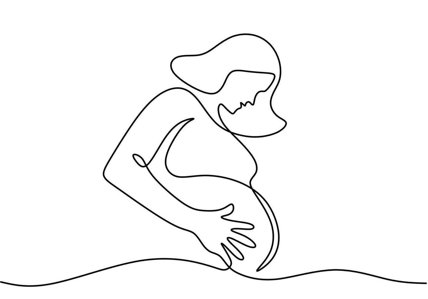 One continuous line drawing of pregnant woman, silhouette picture of mother. Happy young mom is holding her pregnant belly. Happy Woman's Day. Character women with pregnancy. Vector illustration