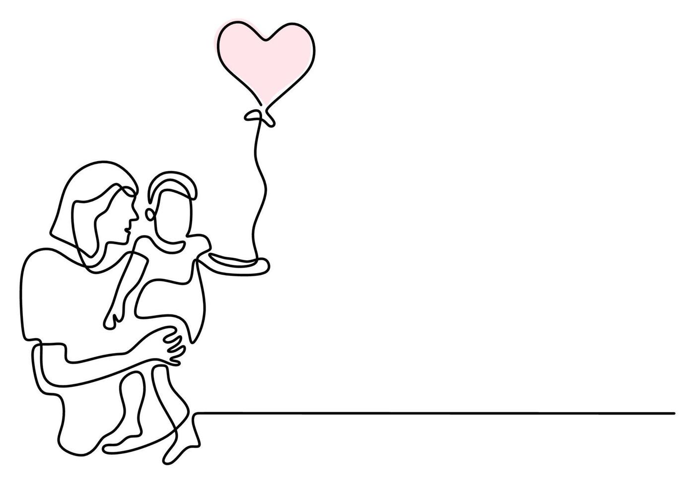 dibujo continuo de una línea de mujer sosteniendo a su bebé con globos de aire. joven madre con un niño aislado sobre fondo blanco. feliz dia de la mujer. concepto de paternidad familiar. ilustración vectorial vector