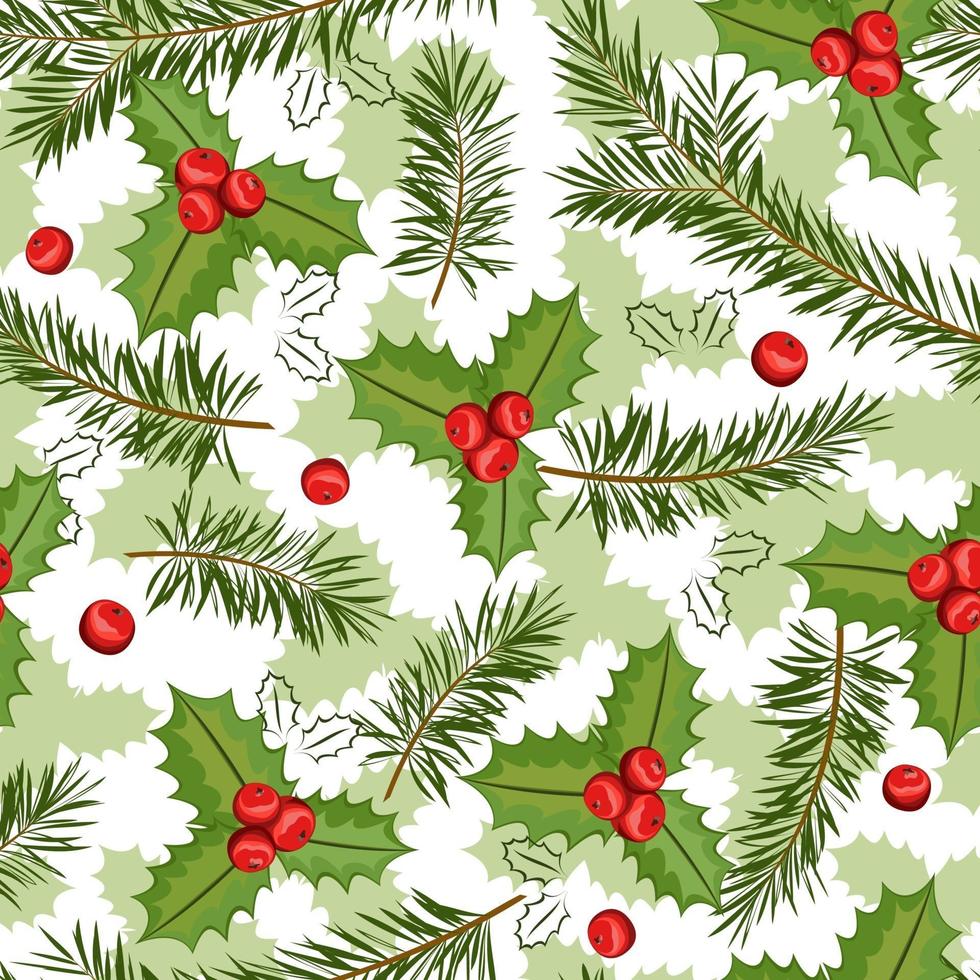 Christmas holly berries seamless pattern illustration and pine branch on white background. Vector background for fabric, wrapping paper and greeting card.