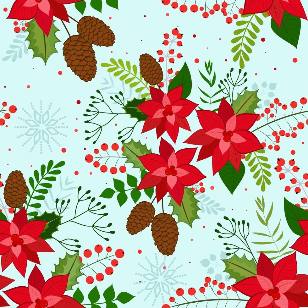 Seamless Christmas Background with poinsettia red, pine cone, rowan berries and snowflakes. Vector background for fabric, wrapping paper and holiday textile.