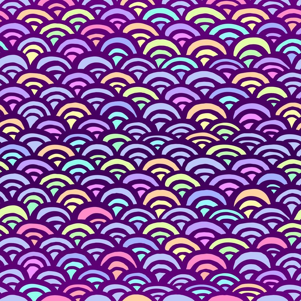 Hand drawn geometric abstract pattern. Cute doodle rainbow vector seamless background on black. Funny pattern.