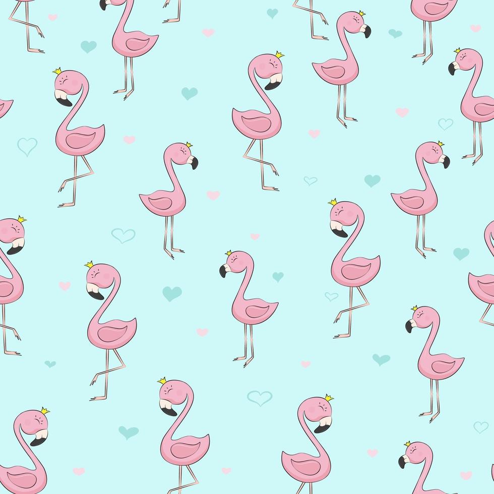 Seamless pink flamingo princess pattern. Cartoon. Can used for print design, greeting card, baby shower, poster, fabric, textile, nursery t-shirt, kids apparel. vector