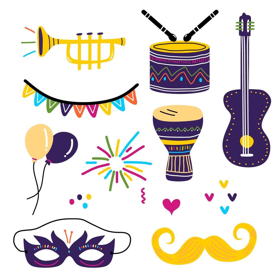 Collection of decorative elements for holiday. Cute childish props for little child. Set of colorful party icons balloon, guitar, trumpet, drum, mask and mustache toy. Festive carnival concept vector