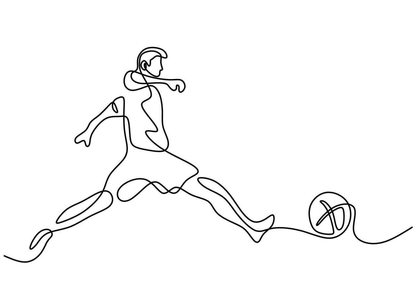 Continuous line drawing a football player kicks the ball. Young athletic man playing football in the field. Character male in soccer isolated on white background. Vector illustration