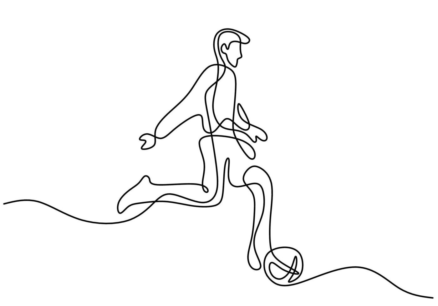 Continuous line drawing a football player kicks the ball. Young athletic man playing football in the field. Character male in soccer isolated on white background. Vector illustration