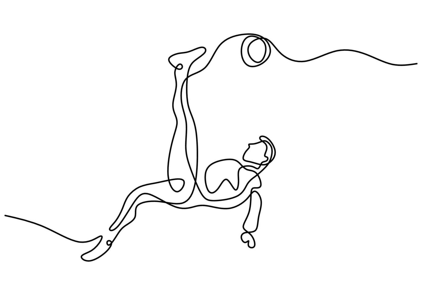 One continuous line drawing of young professional football player shooting the ball with bicycle kick technique isolated on white background. Soccer match sports concept. Vector illustration