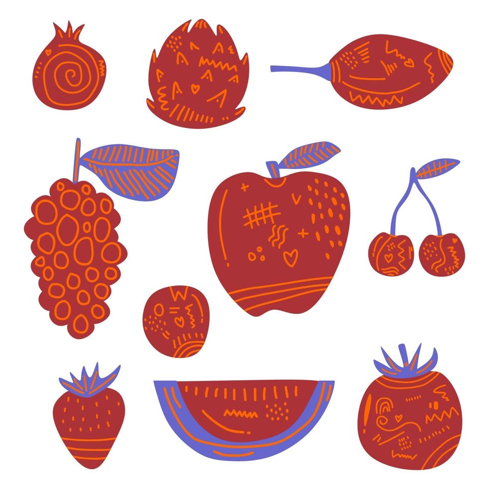 Sweet tropical fruits collection. Hand drawn fresh fruit such as strawberry, dragon fruit, watermelon, pomegranate, grape, apple, tomato, cherry, cranberry etc. Splash of juice. Vector illustration