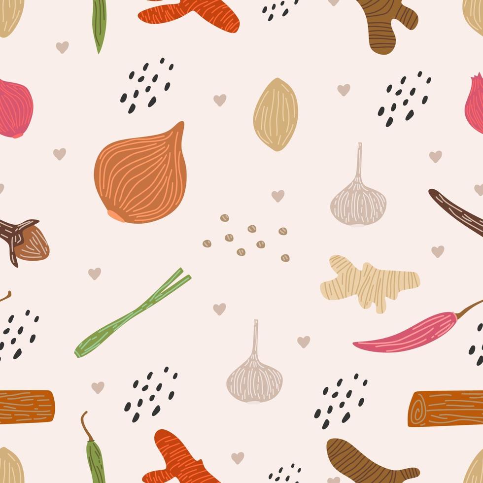 Herbs pattern seamless trendy hand drawn textures. Outline vector illustration of ginger, chilli pepper, onion, red onion, garlic, clove, saffron, lemongrass, turmeric. Cartoon fabric print design