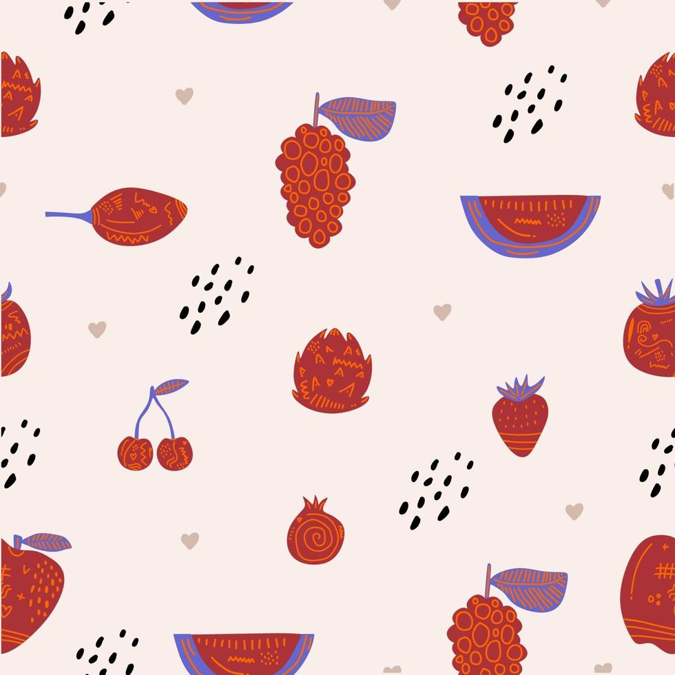 Seamless fashion pattern of red fruits strawberry, watermelon, pomegranate, grape, cherry, cranberry etc. Vector illustration for web, print posters, textile, children clothes, linens dress, fabric
