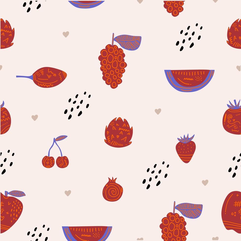 patrón de moda sin costuras de frutos rojos fresa, sandía, granada, uva, cereza, arándano, etc. ilustración vectorial para web, carteles impresos, textil, ropa infantil, vestido de lino, tela vector