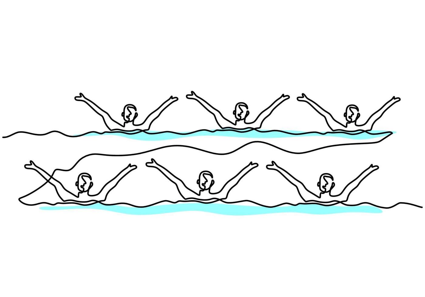 Continuous line drawing young energetic women perform beautiful synchronized swimming choreography. Female swimmers group doing dance in the water. Group water sport competition concept vector