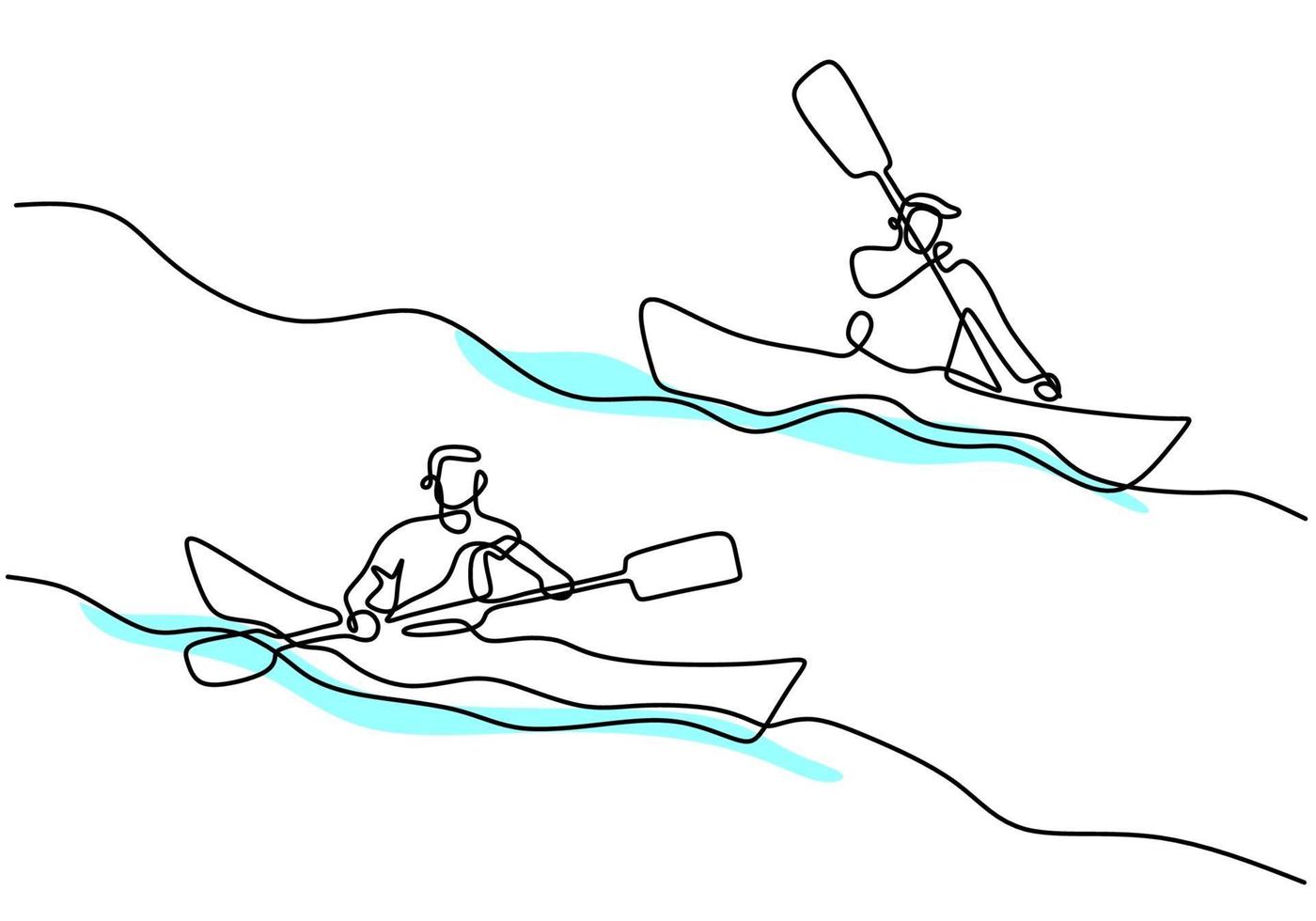 One continuous line drawing of energetic athlete guy boat race on the river. A rowers group enjoy in long boats compete isolated on white background. Team member rowing boat teamwork concept vector