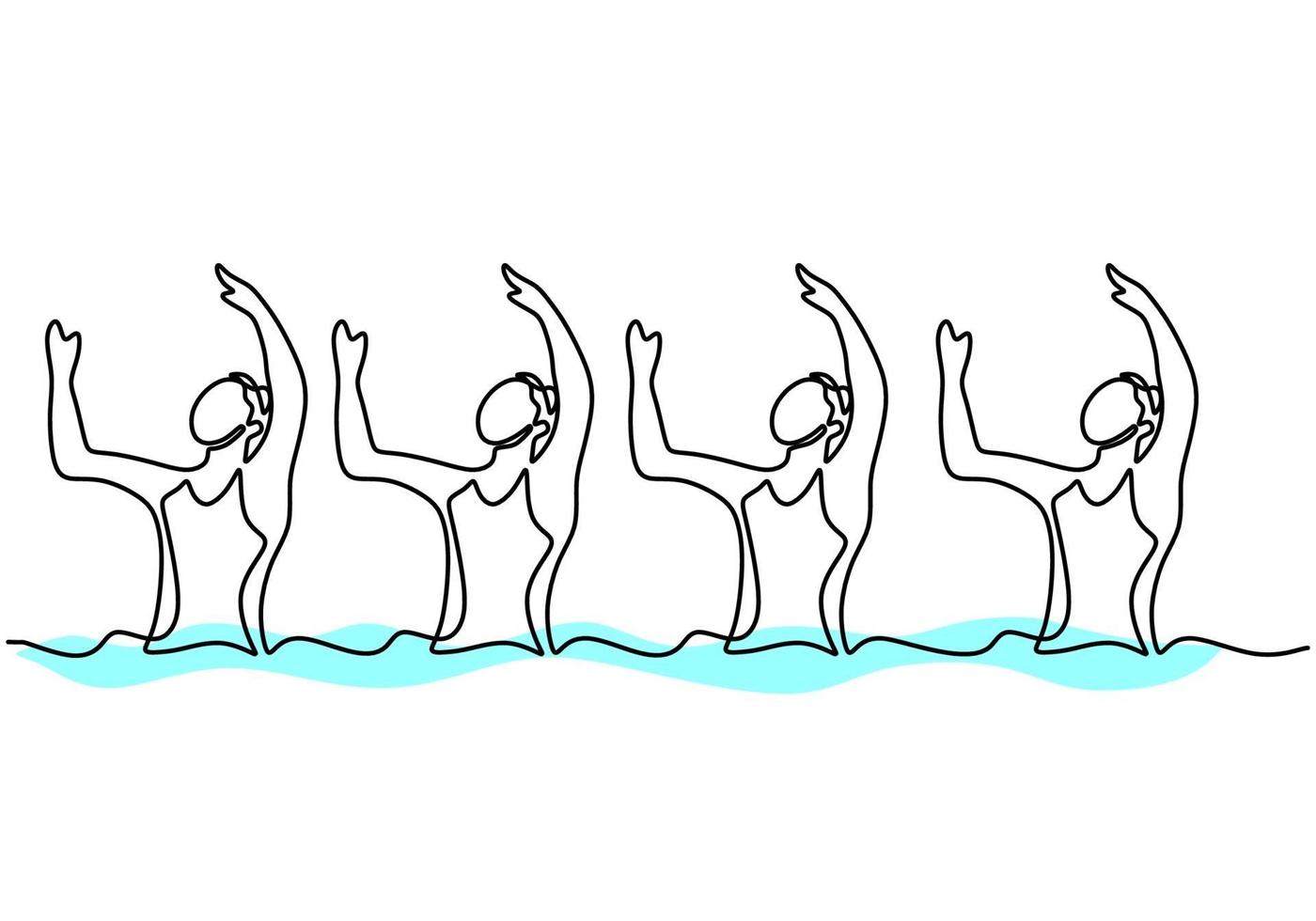 Continuous line drawing young energetic women perform beautiful synchronized swimming choreography. Female swimmers group doing dance in the water. Group water sport competition concept vector