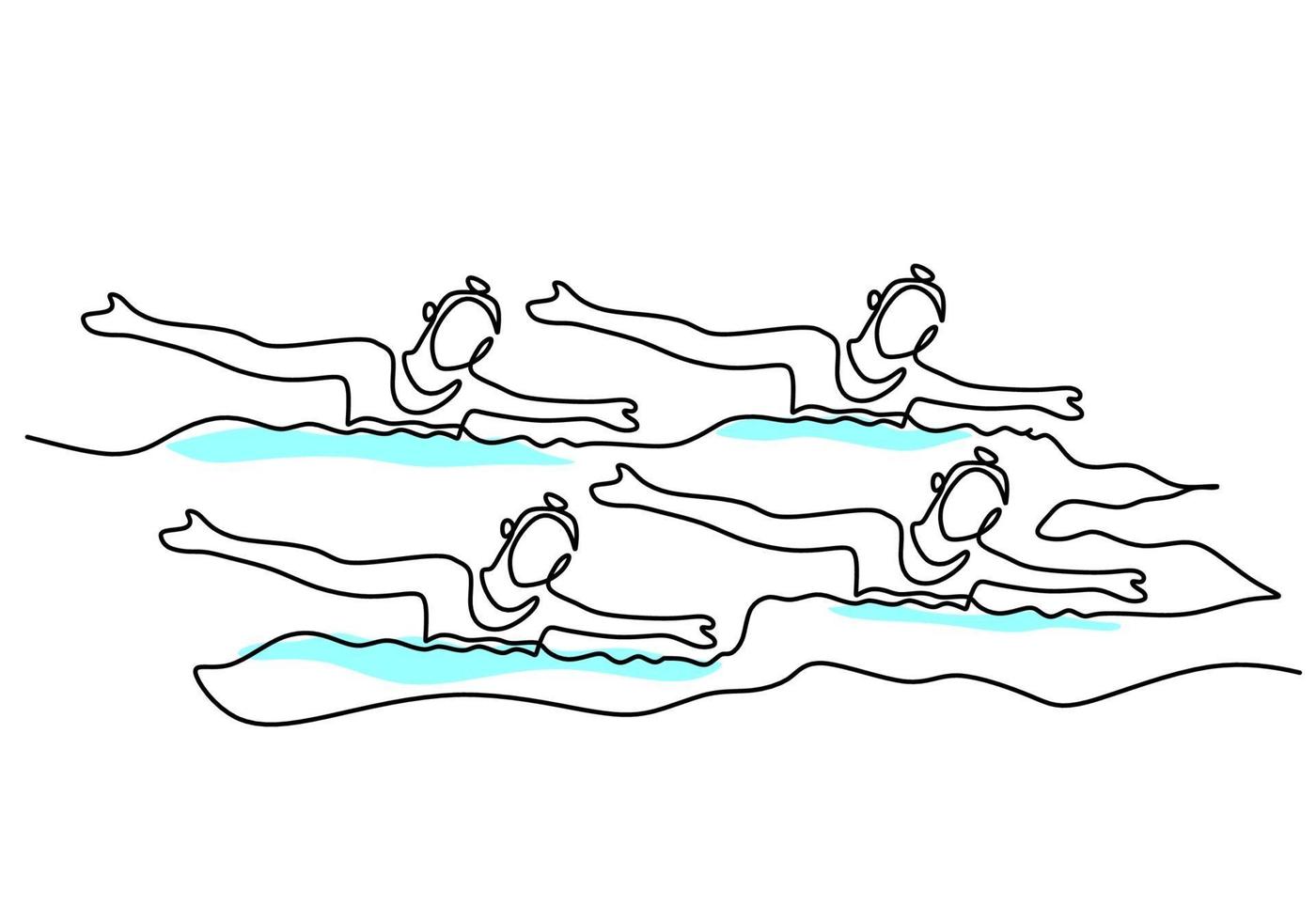 Continuous line drawing young energetic women perform beautiful synchronized swimming choreography. Female swimmers group doing dance in the water. Group water sport competition concept vector