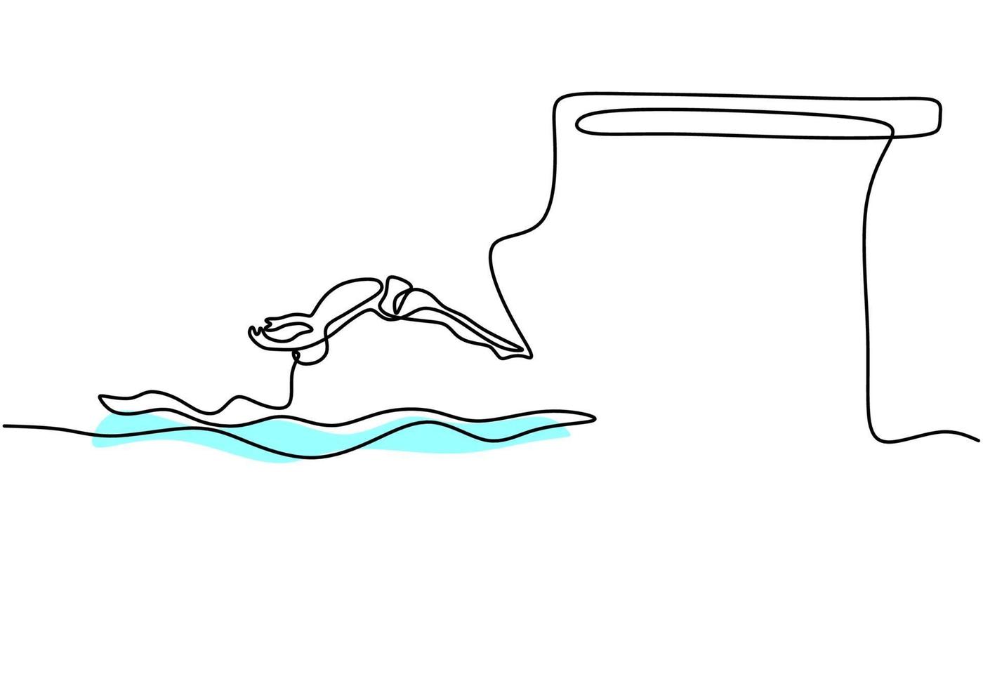 One continuous line drawing young sporty man jumping from diving board and beauty somersaulting into the pool. Water sport competition event concept. Healthy lifestyle vector illustration