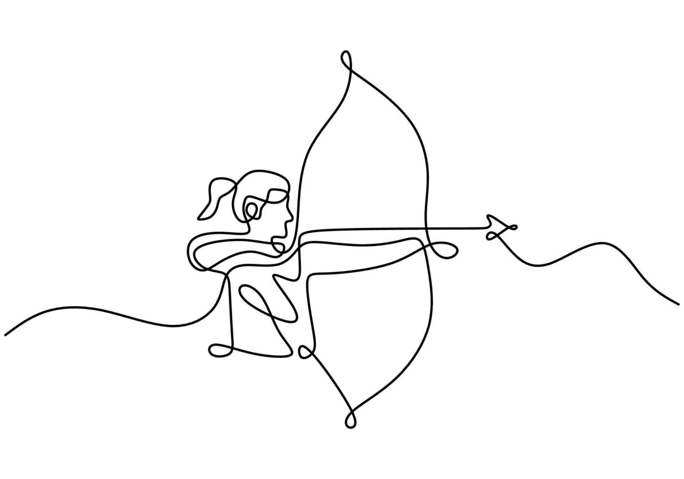 Continuous one line drawing of young energetic archer woman pulling the bow to shooting an archery target. A professional archer female focus to hit target hand drawn with minimalist design vector
