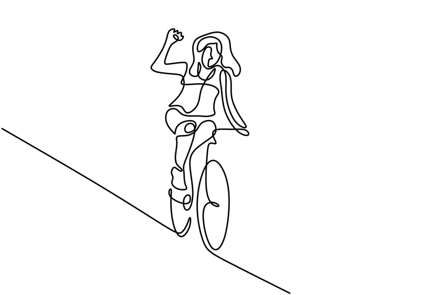 Continuous line drawing of young energetic sporty woman bicycle racer focus train her skill at cycling track. Athletic girl pedaling her bike so fast. Road cyclist concept. Vector illustration