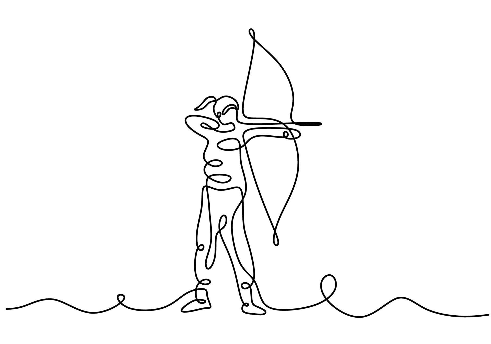 Continuous one line drawing of young energetic archer woman pulling the