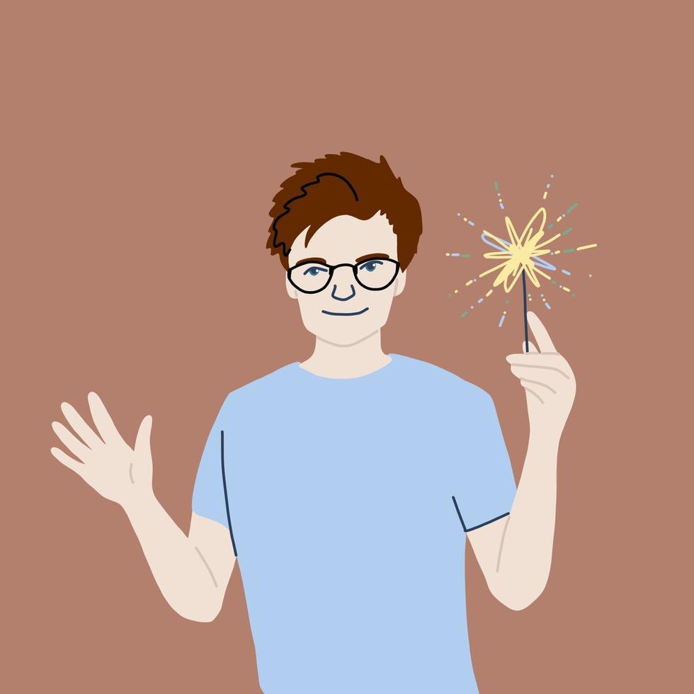 joven aislado en camiseta azul tiene dispositivo de fuegos artificiales o varita mágica en una mano. Retrato de vector de dibujos animados sonriente hombre sosteniendo bengalas quemadas en estilo plano. chico celebrando el evento navideño