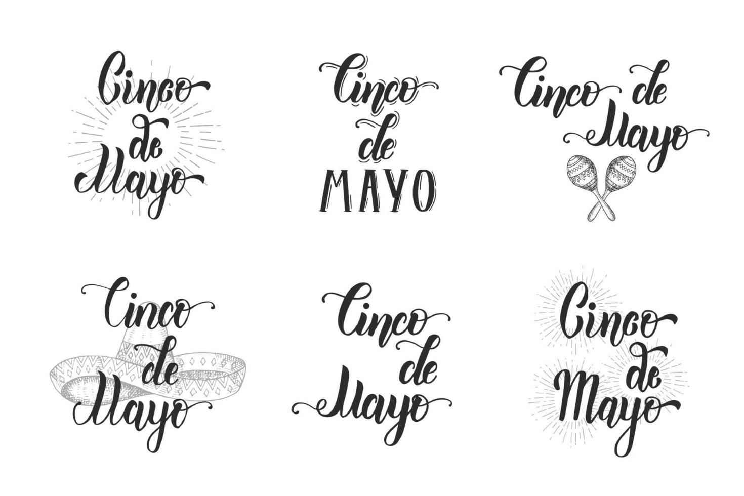 cinco de mayo conjunto de letras hechas a mano. símbolo mexicano de la ilustración del vintage del color en el estilo del bosquejo aislado en blanco. frase de caligrafía de letras. vector