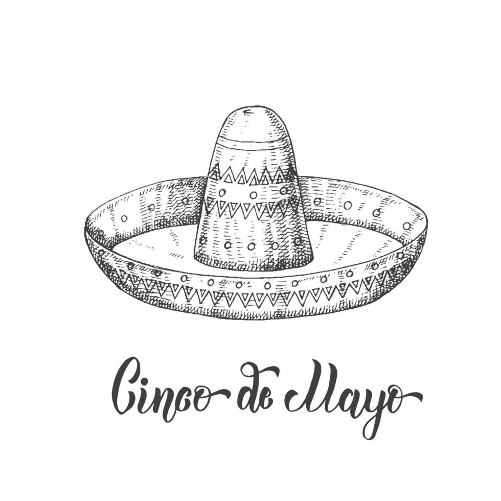 sombrero dibujado a mano en estilo boceto. cinco de mayo letras hechas a mano. México. ilustración de la vendimia del vector aislado en blanco.