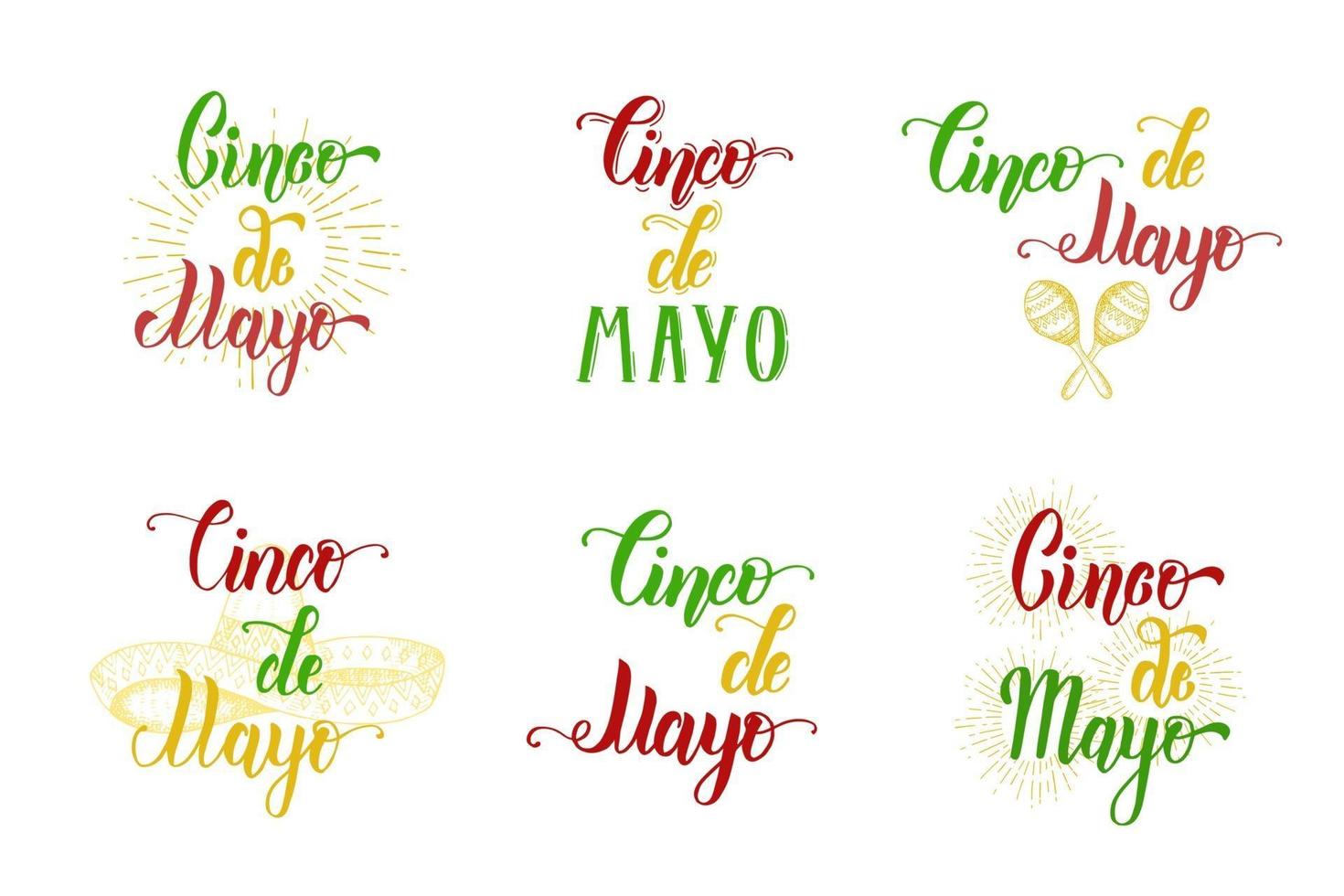Cinco de Mayo hand made lettering Set. Color vintage illustration mexican symbol in sketch style  isolated on white.  Lettering calligraphy phrase. vector