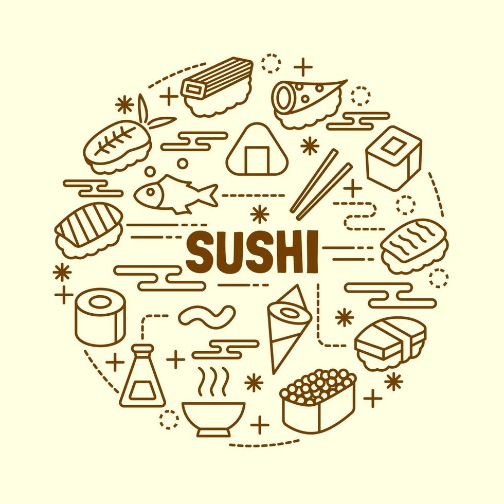 sushi minimal thin line icons set vector