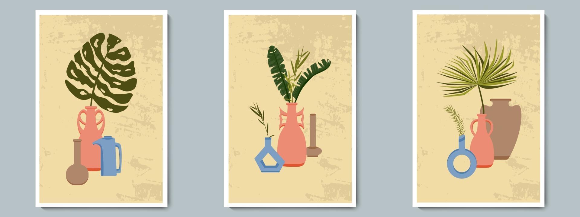 Hand Draw Pottery Vase Poster Set with Tropical Plants. Trendy Collage for Decoration in Greek Style. vector