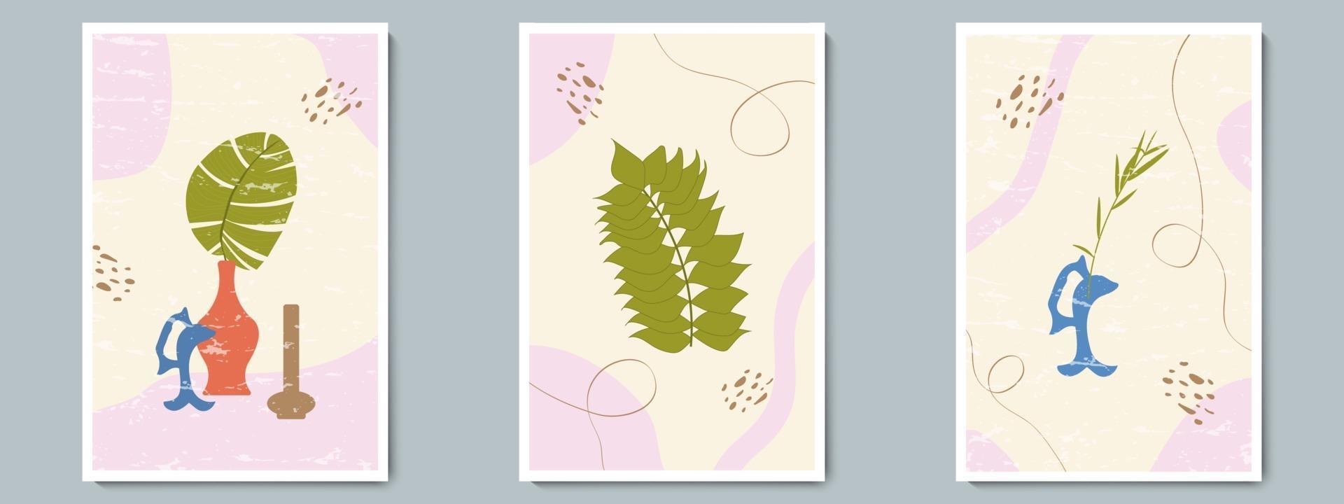 Jarrón de cerámica para dibujar a mano con plantas tropicales y una forma abstracta simple. collage de moda para la decoración en estilo griego. vector