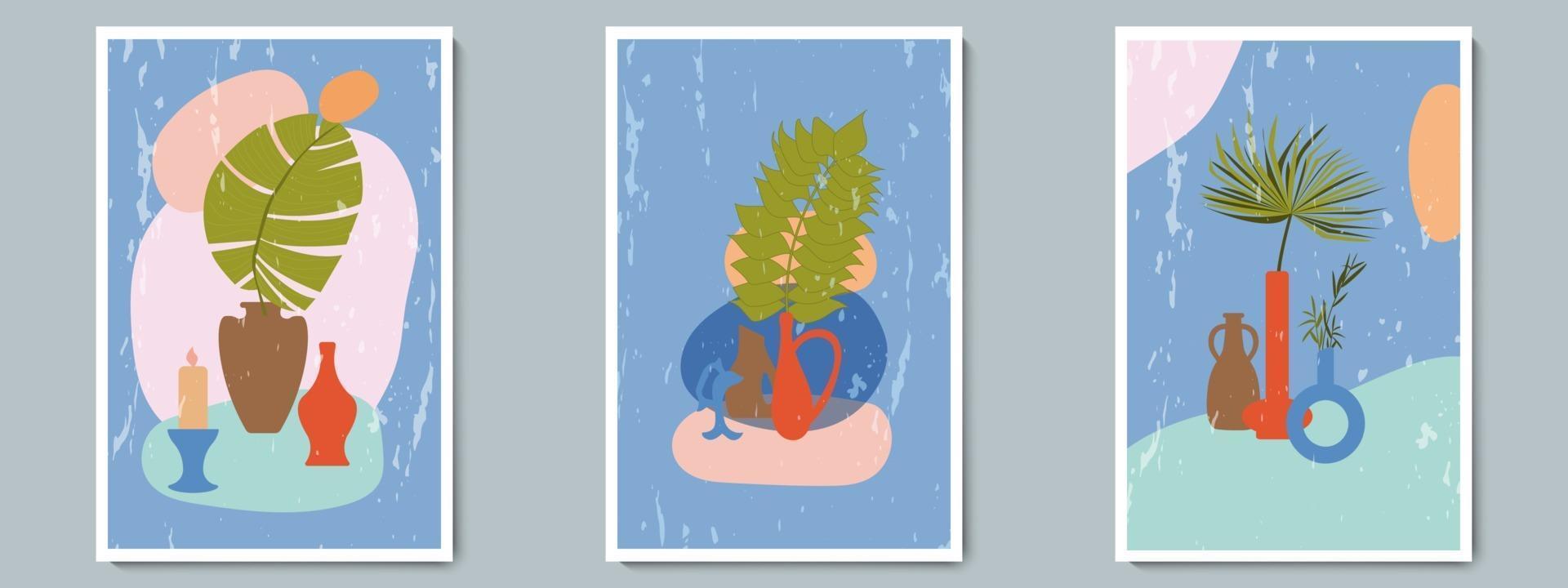 Jarrón de cerámica para dibujar a mano con plantas tropicales y una forma abstracta simple. collage de moda para la decoración en estilo griego. vector