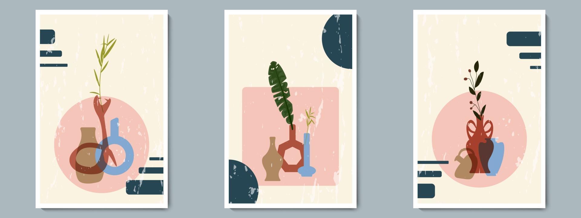 Jarrón de cerámica para dibujar a mano con plantas tropicales y formas geométricas. collage de moda para la decoración en estilo griego. vector