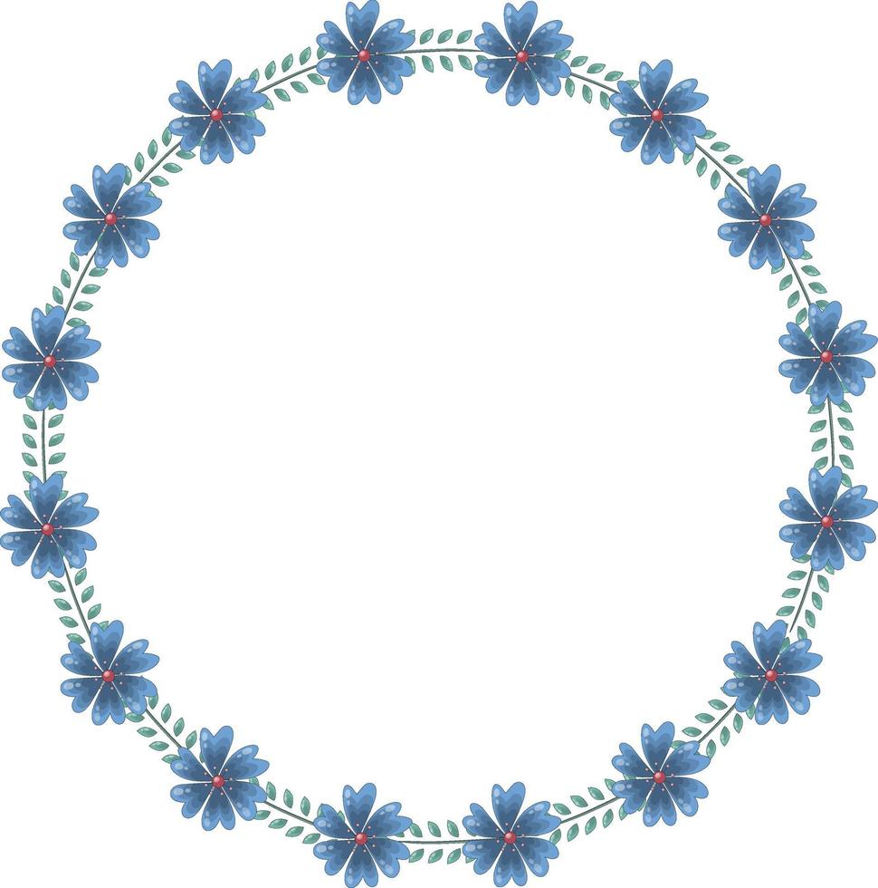 Vector round wreath of blue blooming flowers and green leaves. The frame has place for text inside.